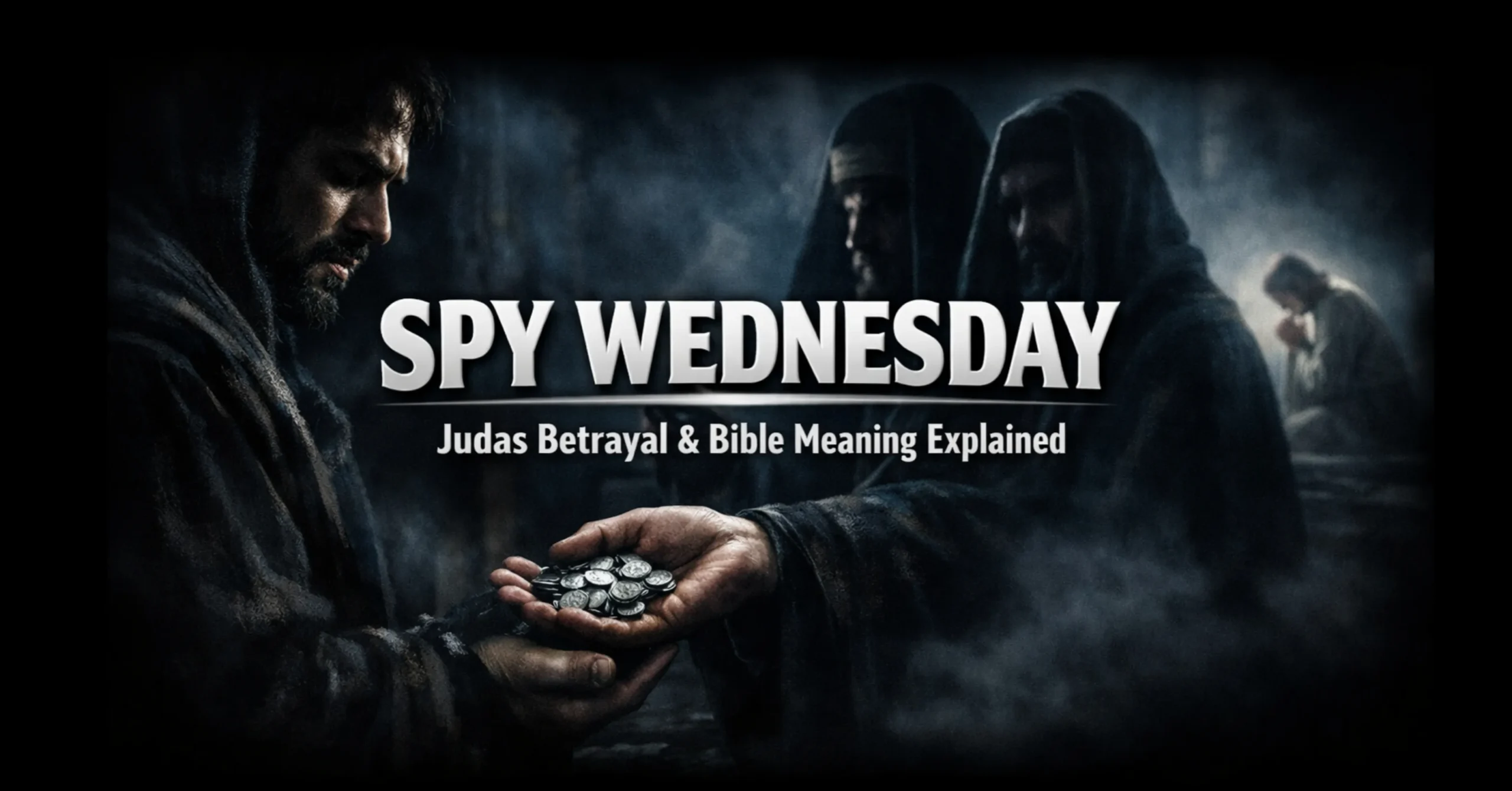 Spy Wednesday showing Judas betrayal of Jesus for thirty pieces of silver in Holy Week