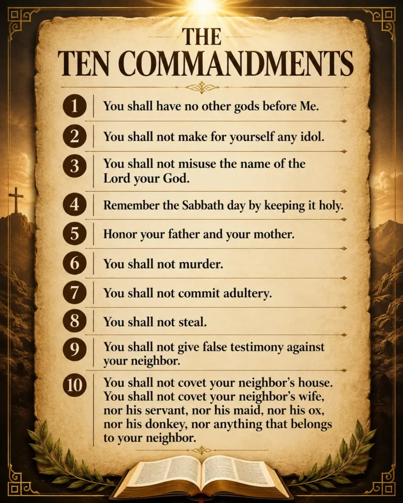 Ten Commandments infographic poster with Bible verses Exodus 20, golden parchment Christian wall chart