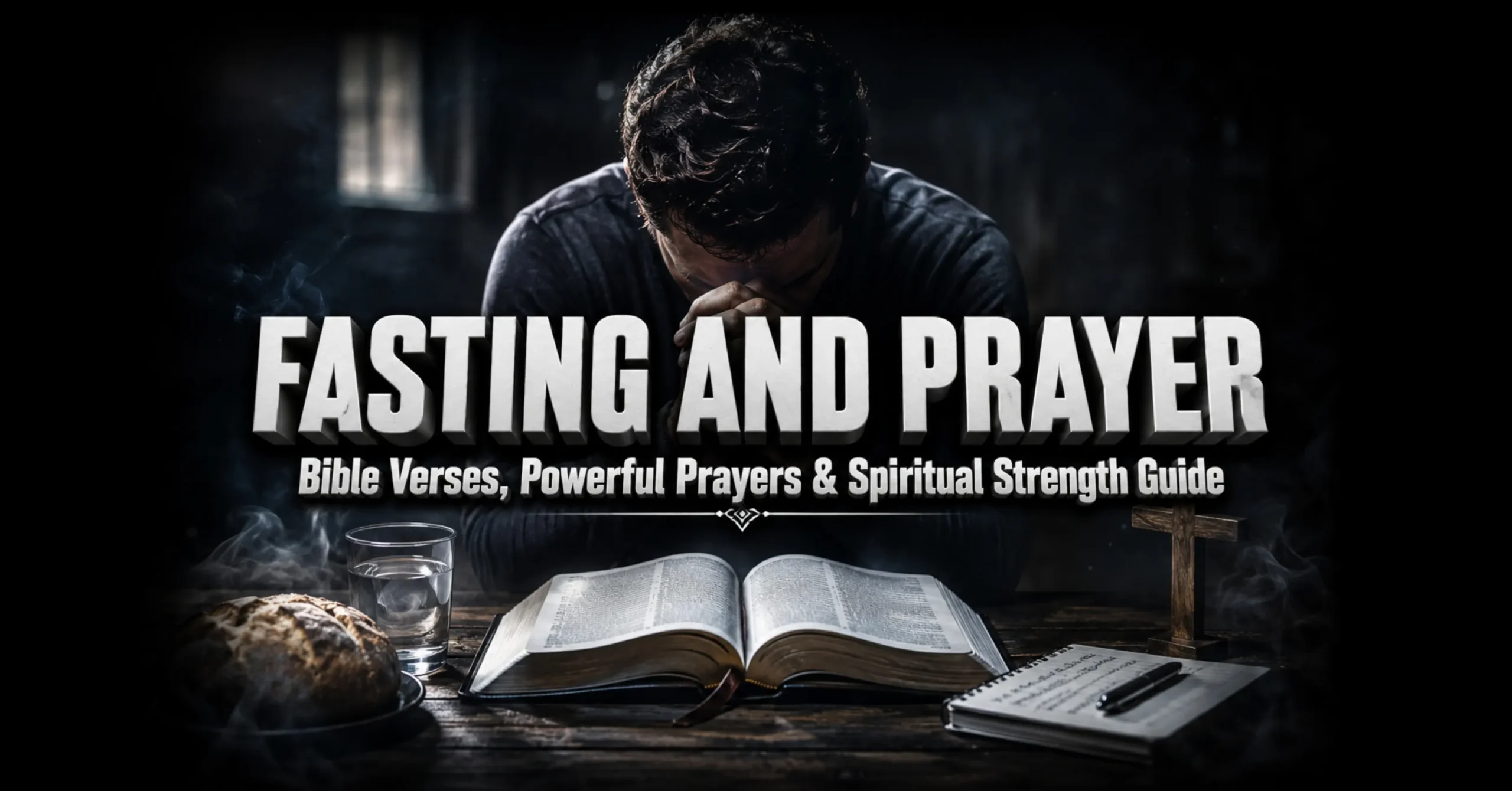 Fasting and prayer Christian devotional with Bible verses, praying hands, spiritual strength, and faith in God during fasting