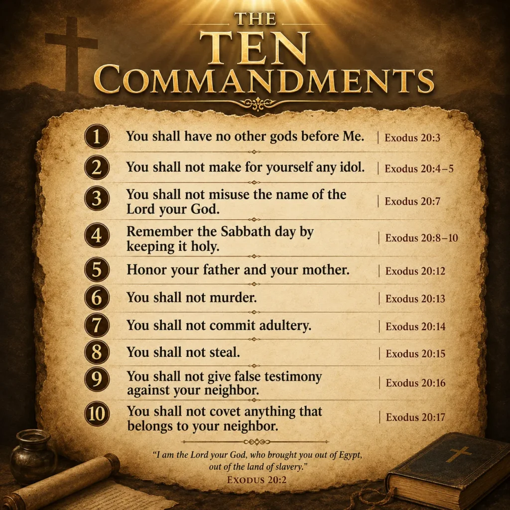 Christian Bible verse parchment style poster with Ten Commandments sacred golden light religious artwork