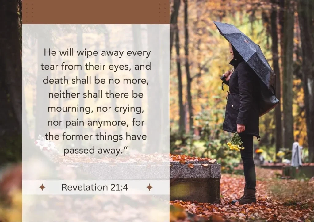 Revelation 21:4 (NIV) "He will wipe every tear from their eyes. There will be no more death or mourning or crying or pain, for the old order of things has passed away."