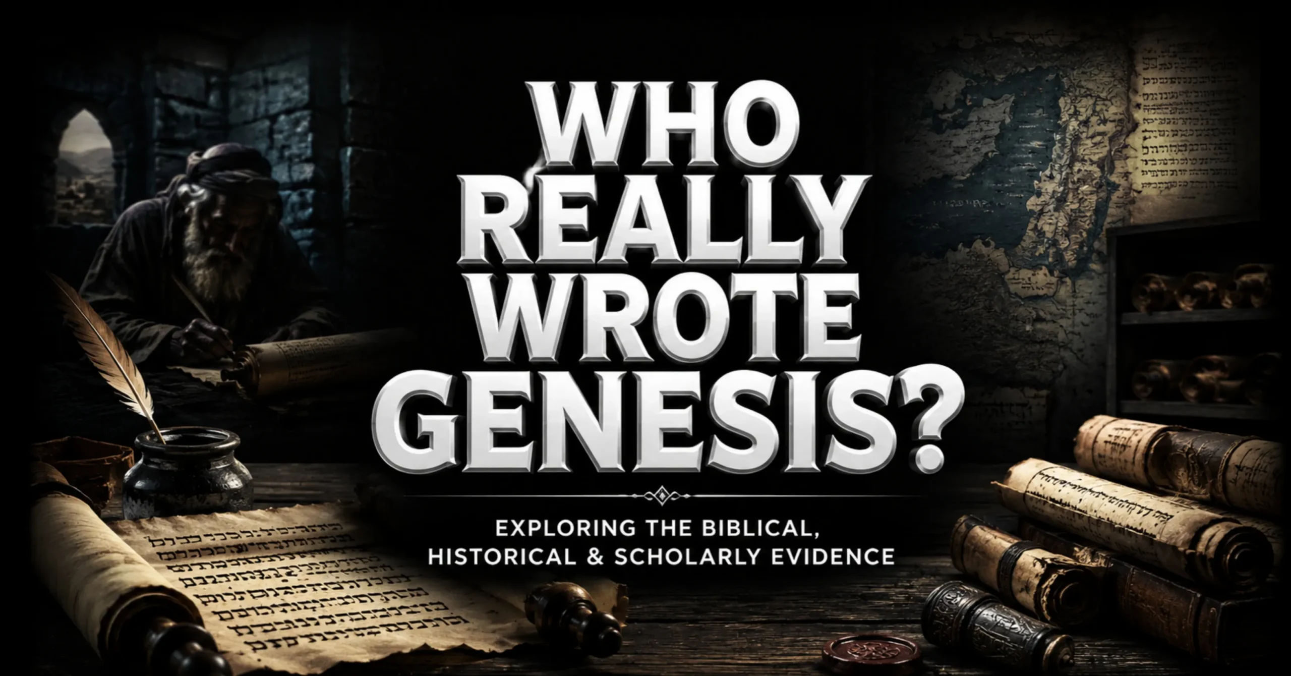 Who Wrote Genesis in the Bible? Moses holding the tablets with the Book of Genesis and ancient scrolls