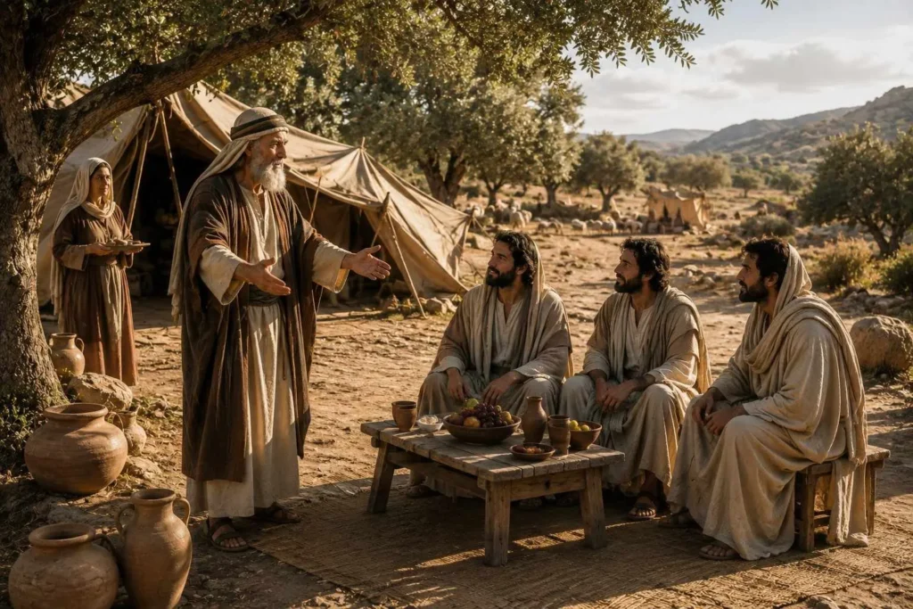 Abraham welcoming three visitors near his tent at Mamre