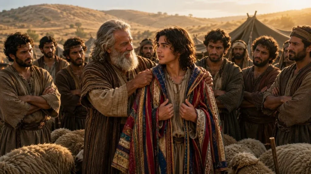 Joseph receiving the coat of many colors from his father Jacob while his brothers watch with jealousy in ancient Canaan