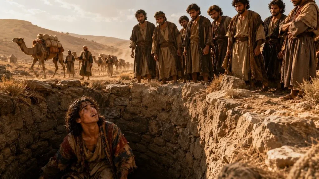 Joseph trapped in a dry pit while his brothers look down and Ishmaelite traders approach in the distance in ancient Canaan